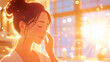 © Graphic Dude - Beautiful Asian woman with closed eyes touching her face Skin care routine at sunrise Wellbeing and self care concept Golden hour lighting effect Anime style digital art illustration