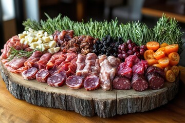 gourmet meat showcase artfully arranged fresh cuts on rustic wooden board variety of premium meats rich colors and textures butchers selection carnivores delight culinary indulgence