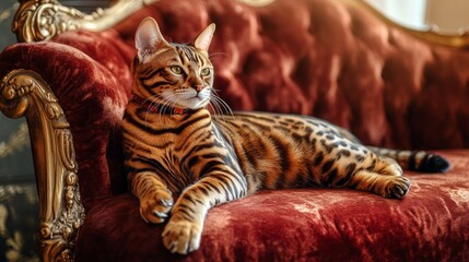 A beautiful Bengal cat lounges gracefully on an elegant red velvet sofa. The cat's striking coat features bold stripes and spots, highlighting its regal presence. 