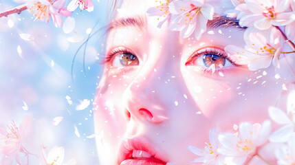 Beautiful Anime Girl with Glowing Skin Surrounded by Cherry Blossoms in Springtime - Digital Art