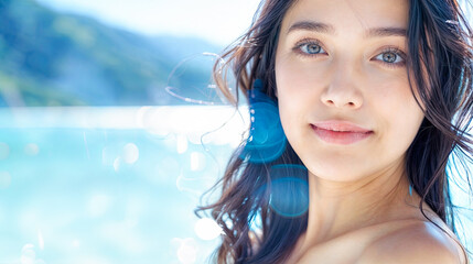 Beautiful Young Woman with Long Brown Hair and Clear Skin Against a Tropical Blue Water Background