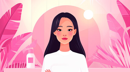 Beautiful Asian Woman With Clean Skin On Tropical Pink Background With Skin Care Product For Beauty Routine And Wellness Concept