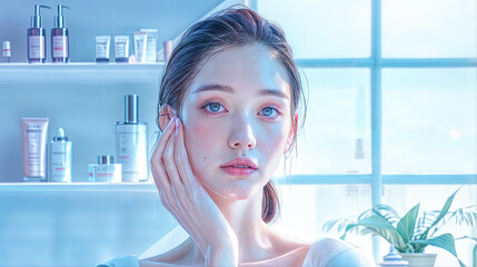 Beautiful Young Woman with Clear Skin in a Bright Bathroom Surrounded by Skincare Products - Beauty and Wellness Concept