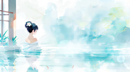 Poster - Serene Anime Girl Relaxing in Outdoor Hot Spring with Watercolor Background, Spa Day, Wellness Retreat, Japanese Culture, Tranquility, Anime Art
