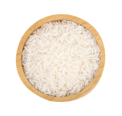 white rice in wooden bowl ,top view