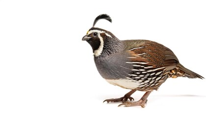 Wall Mural - California valley quail - Callipepla californica - is a small highly sociable ground dwelling bird that gathers in small flocks known as coveys. isolated on white background with copy space