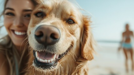 A joyful woman and her golden retriever taking a selfie on a sunny beach day. Both are smiling widely, exuding happiness and companionship in a bright outdoor setting.