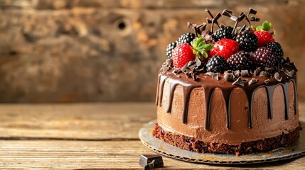 Canvas Print - Chocolate Cake with Berries and Chocolate Drizzle