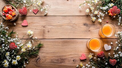 ultra wide angle flat lay valentines day decor on a light wooden table with large empty table space mimosa brunch and valentines day decorations, soft warm lighting, negative space