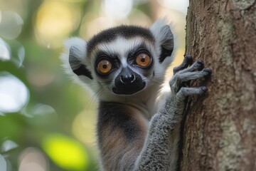 inquisitive ringtailed lemur scaling tree trunk striking fur pattern expressive eyes lush forest backdrop dappled sunlight through canopy