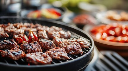 A delicious scene of grilled meat sizzling on a hot outdoor barbeque grill, surrounded by fresh vegetables and vibrant outdoor ambiance, promising a mouth-watering feast.