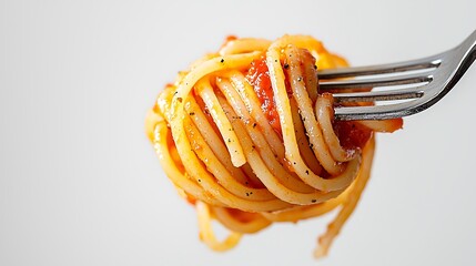 A luscious forkful of spaghetti drenched in savory tomato sauce awaits.