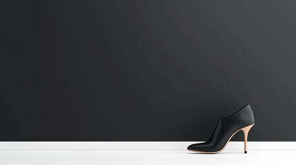 Elegant black high-heeled shoe against a dark wall backdrop