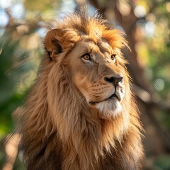 Wall Mural - close up powerful lion with a focused, intense gaze and well defined mane, softly blurred tropical forest, bright, natural enhancing the lion s rich colors and textures