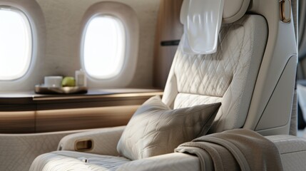 A luxurious airplane seat with a blanket and pillow facing two windows and a small table