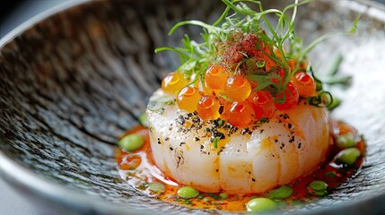an asian fusion dish with a modern twist, incorporating molecular gastronomy techniques and unexpect