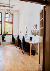 Poster - Office, coworking and interior design for creative business, empty and minimal decor for occupation. Room, workplace layout and organization setup for media relations agency, workspace and stationary