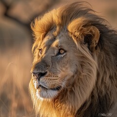 Wall Mural - close up regal African lion with a majestic mane and intense golden eyes, softly blurred savanna backdrop, warm, natural highing the lion s detailed fur and powerful