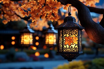Poster - Autumn evening with glowing lanterns, illustrated in a scene where lanterns hang from tree branches, their warm light casting a cozy glow over a garden filled with autumn leaves and late-blooming