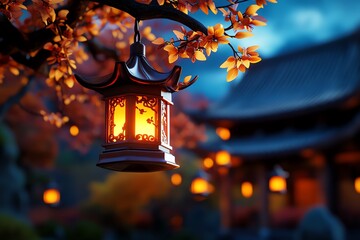 Poster - Autumn evening with glowing lanterns, illustrated in a scene where lanterns hang from tree branches, their warm light casting a cozy glow over a garden filled with autumn leaves and late-blooming
