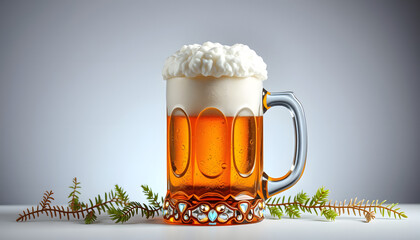 A frothy beer mug adorned with traditional Bavarian trachten symbolizing the vibrant joy of Oktoberfest celebrations isolated with white highlights, png