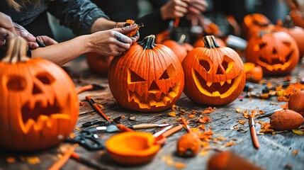 Wall Mural - A bright and festive pumpkin carving contest with tools scattered across the table and a lineup of creative jack-o-lanterns