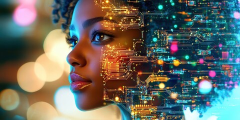 Canvas Print - A woman's face with electronic circuitry overlayed.