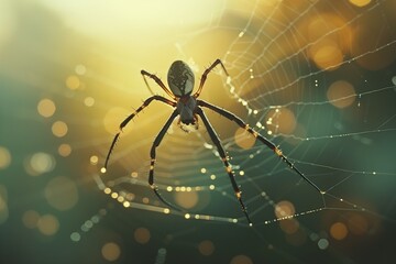 close up spider hunting, detailed close up of a golden orb weaver spider spinning its web, dewy morning web in a garden, soft, diffused natural highing the web s