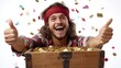 © POLO PNG - A happy man with long hair and a red bandana gives two thumbs up while sitting in a treasure chest filled with gold coins and confetti raining down around him