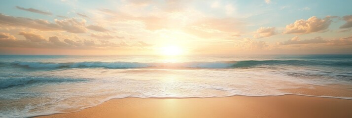 A beautiful beach with golden sand and calm seawater at sunset.