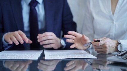 Wall Mural - Diverse business people discussing contract papers before signing. Teamwork of lawyers