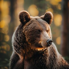 Wall Mural - close up stunning brown bear with detailed fur and a serene look, gently blurred woodland setting, soft, golden enhancing the bear s features and fur texture, late