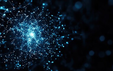 Poster - Abstract blue network with glowing nodes and connections, ideal for technology, science, or data representation.