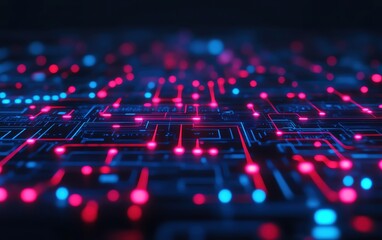 Poster - Abstract digital background showcasing vibrant circuit patterns with glowing blue and pink lights. Perfect for tech themes.