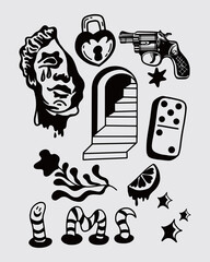 Icon tattoo ink set collection streetwear t shirt fashion illustration vector mystical symbol design sticker print art isolated editable 