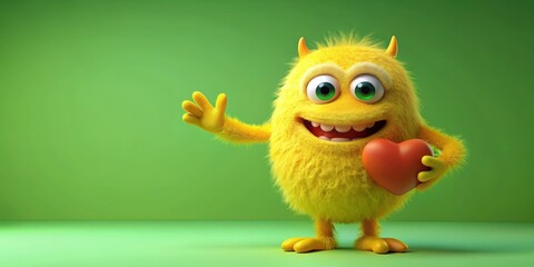 Aufkleber - Funny yellow monster with heart on green background, cartoon, character, cute, playful, whimsical, creature, funny, quirky, vibrant