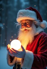 Poster - Santa Claus holding a luminous ball, magical glow illuminating his face, snowy background