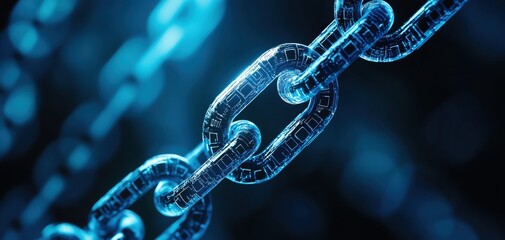 Poster - Close-up of a digital chain symbolizing security, technology, and connectivity in a futuristic blue background.