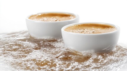 Two cups of coffee with frothy surface floating on liquid