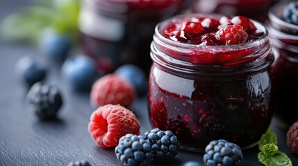 A homey setting featuring a jar filled with rich, red berry jam surrounded by fresh blackberries, raspberries, and other assorted berries, ready to enjoy.