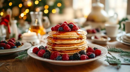 A delicious stack of pancakes topped with fresh berries and syrup, surrounded by warm holiday decor, perfect for breakfast-themed promotions, holiday marketing, or food blogs,