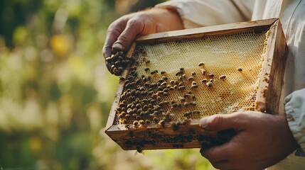 beekeeper holds an empty beehive frame with honeycombs and bees in close-up, preparing to place it i