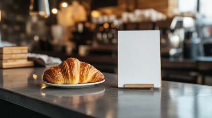 Blank advertising mockup board on counter bar for advertisement with croissant.