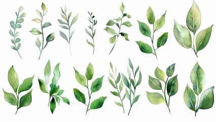 Wall Mural - Set of watercolor paintings of green leaves on a white background