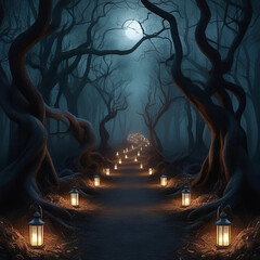 Wall Mural - forest with twisted trees  a path lit by lanterns generative ai