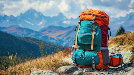 A colorful hiking backpack with multiple compartments resting on a rocky trail, with a mountainous background.