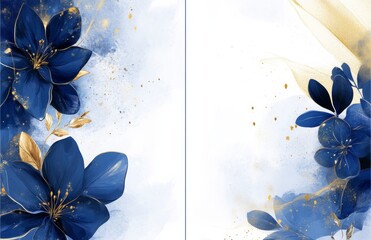 Floral Vector Background in Blue and Gold on White, with Two Vertical Poster Templates Featuring Copy Space