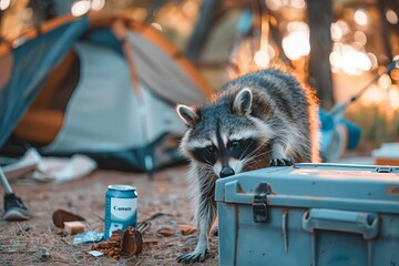 full energetic raccoon exploring a campsite, with its head peeking into a cooler, outdoor campsite with camping gear and scattered food items, warm, natural with a focus