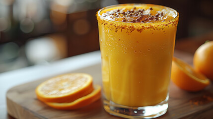 Wall Mural - Freshly squeezed orange juice with a sprinkle of turmeric, brain-boosting drink, vibrant and healthy. 