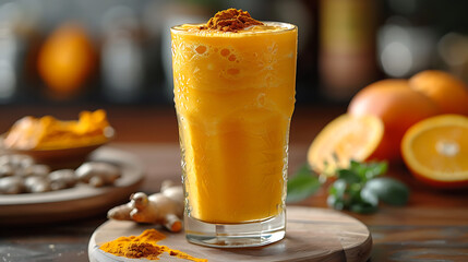 Wall Mural - Freshly squeezed orange juice with a sprinkle of turmeric, brain-boosting drink, vibrant and healthy. 